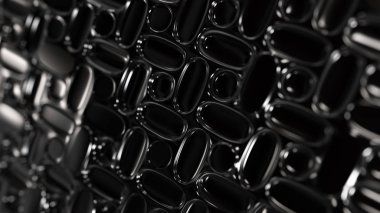 Soyut 3d yuvarlak parlak kapsül deseni ve alan derinliği ile yansıtıcı Siyah plastik doku ile arka plan illüstrasyon.