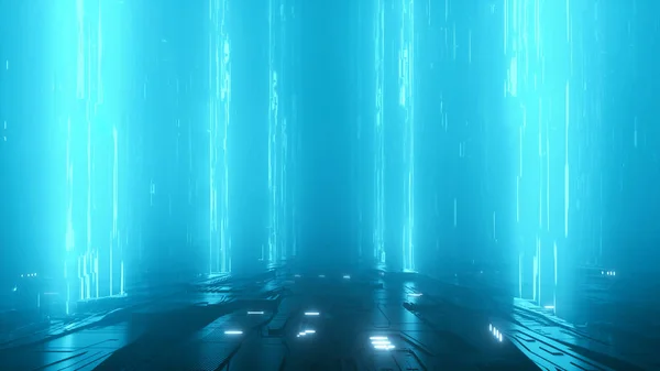 Fütüristik şehir teknoloji yüzeyi ve dikey veri akısı mavi neon ışık ile Sci-fi sahnenin 3d render.