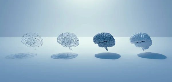 Ai 3d render insan Beyin adım inşa , 4 beyin, gerçek beyin ızgara beyin, beyaz minimal tasarım konsepti.
