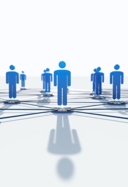 Takım çalışması ağı ve topluluk konsepti için 3d resimleme, mavi renk, beyaz arka planda bağlı insanlar