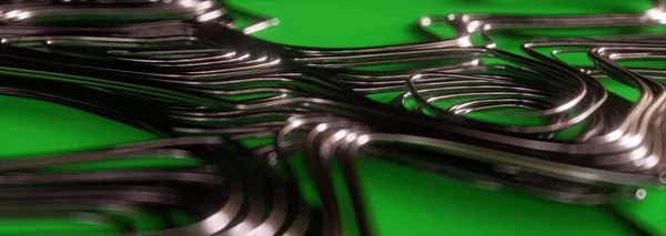 Rendering Von Reflektierendem Metalldraht Auf Grünem Hintergrund Panoramisch lizenzfreie Stockbilder