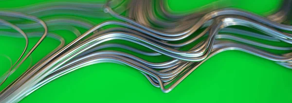 Рендеринг Абстрактной Волнистой Отражающей Металлической Проволоки Зеленом Фоне Мелкая Глубина Стоковая Картинка