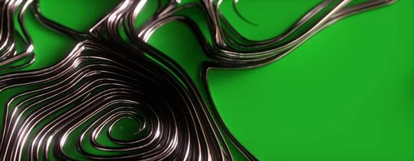 Rendering Von Abstraktem Reflektierendem Metalldraht Auf Grünem Hintergrund Mit Freiraum Stockbild