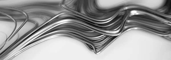 Rendering Von Wellenförmigem Reflektierendem Metalldraht Schwarz Weiß Geringe Schärfentiefe Panorama Stockfoto