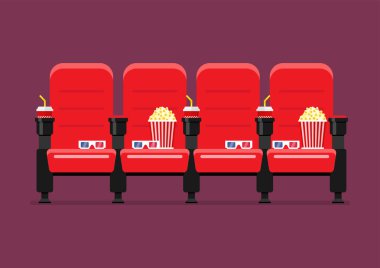 Kırmızı sinema koltukları patlamış mısır içecekler ve gözlük illüstrasyon vektör