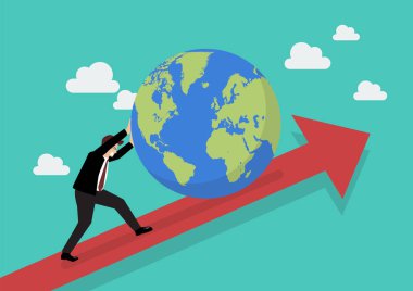 Grafik üzerinde dünya iterek iş adamı. İş kavramı