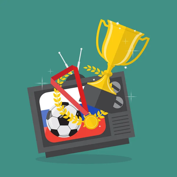 Pallone Calcio Premi Televisione Con Sfondo Bandiera Russa Illustrazione Vettoriale — Vettoriale Stock