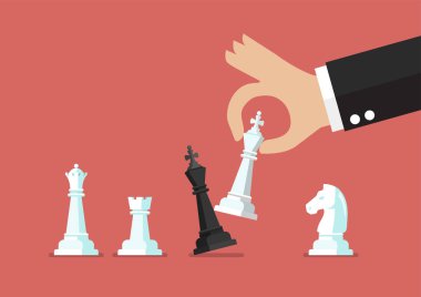 İşadamı el kullanım beyaz şahmat kara kral. İş stratejisi kavramı