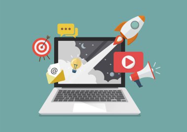 Dijital pazarlama kavramı afiş tasarımı. Vektör çizim