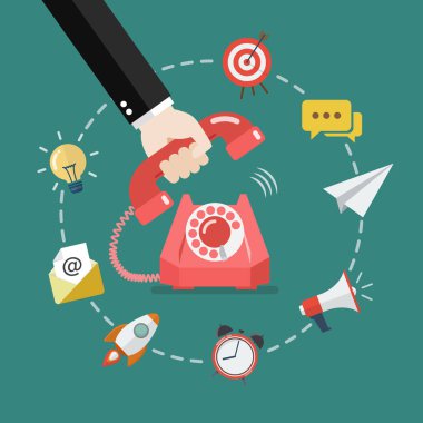 El iş ikonları/simgeleri ile telefon alıyorum. Vektör çizim