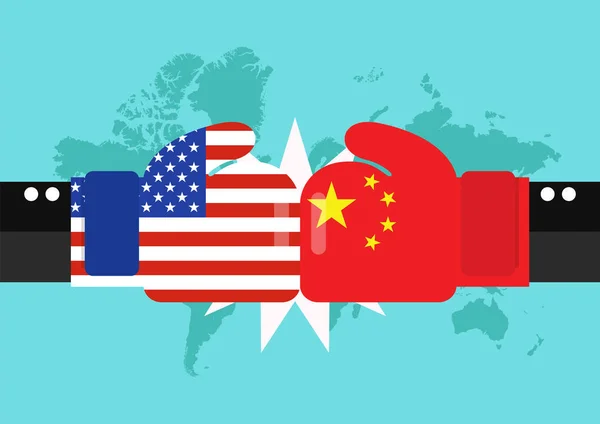 Конфликт Между Сша Китаем Фоне Мировой Карты Две Руки Боксёрских — стоковый вектор