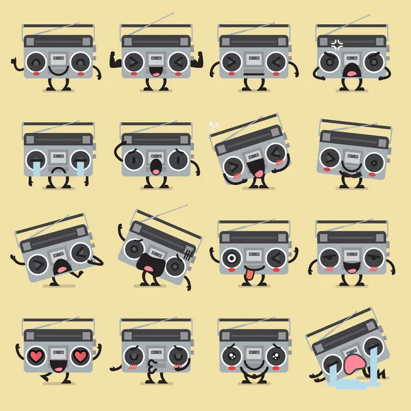 复古无线电字符 Emoji 表情设置 滑稽的卡通表情符号 — 图库矢量图片