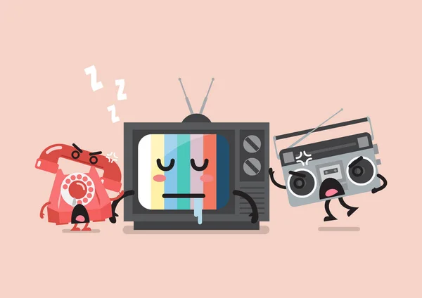 Televisión Dormida Despertada Por Radio Teléfono Emoticones Divertidos Dibujos Animados — Vector de stock