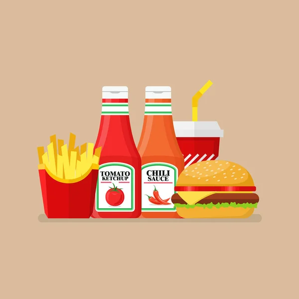 Hamburger Kentang Goreng Dan Soda Dengan Tomat Dan Saus Pedas - Stok Vektor