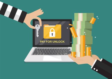 İşadamı el holding banknot belgili tanımlık anahtar--dan kesmek için ödeme için kilidini laptop aldım ransomware malware virüs bilgisayar. Vektör çizim