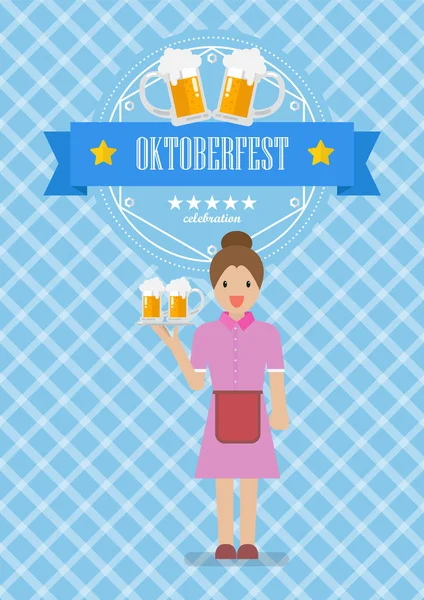 Waitress Character Serving Glass Beer Oktoberfest Badge Vector Illustration — Stock Vector