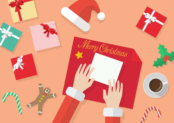 サンタの手は 紙に包まれたプレゼントを与えます メリー クリスマスと新年あけましておめでとうございます — ストックベクタ