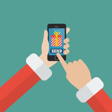 Noel Baba hediye smartphone kullanarak göndermek. Vektör çizim