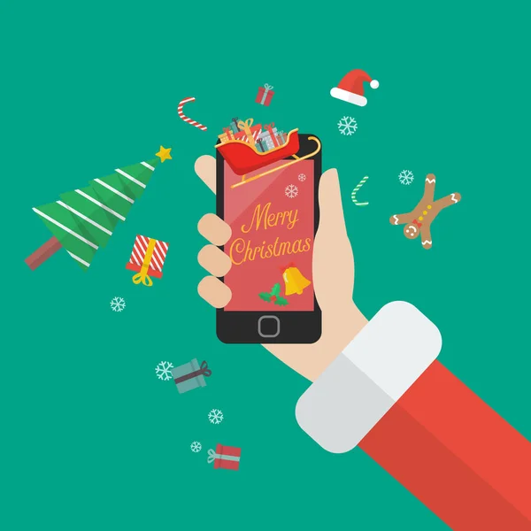 Père Noël Tenant Smartphone Avec Joyeux Texte Noël Illustration Vectorielle — Image vectorielle