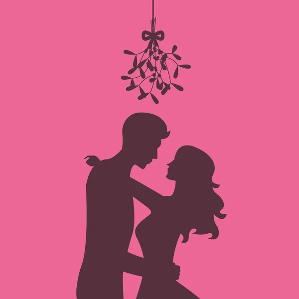 Silhouette Loving Couple Kissing Mistletoe Vector Illustration — Stock Vector