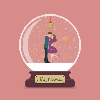 Neşeli Noel cam top çift ökseotunun altında öpüşme. Vektör çizim