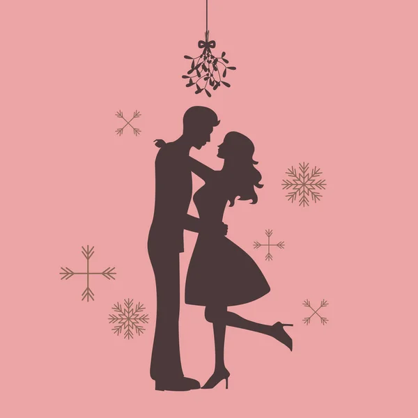 Silhouette Couple Kissing Mistletoe Vector Illustration Greeting Card — Stock Vector