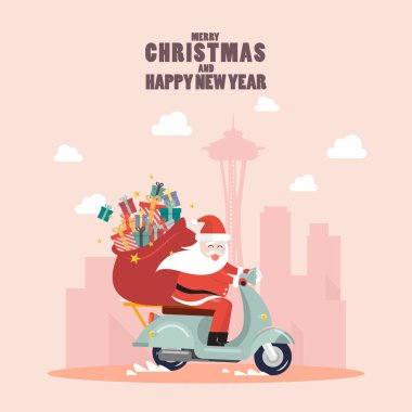 Noel Baba hediye torbayla büyük şehirde bir scooter sürme. Vektör çizim
