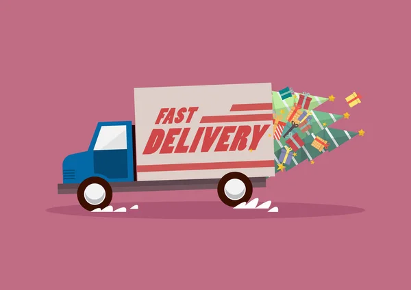 Fast Delivery Truck Carrying Christmas Trees Gifts Vector Illustration — Stock Vector