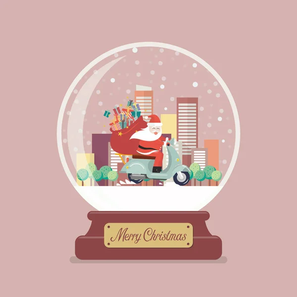 Feliz Navidad Bola Cristal Con Santa Claus Pegado Chimenea Ilustración — Vector de stock