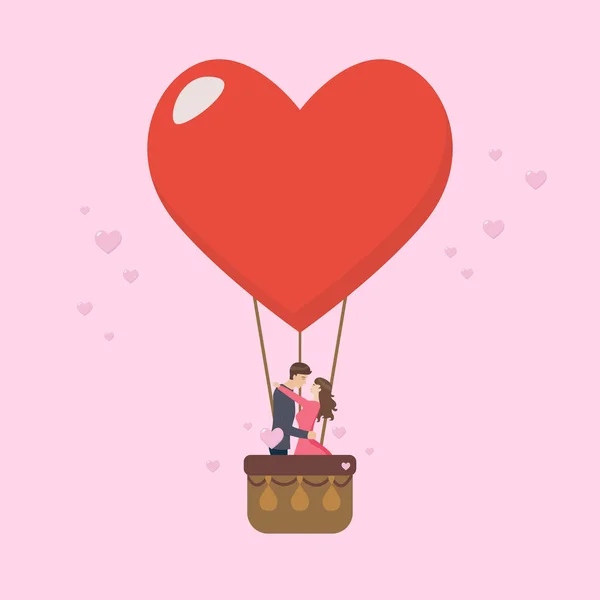 Sevgi Dolu Çift Büyük Kalp Balon Öpüşme Vektör Çizim — Stok Vektör