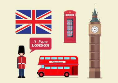 Londra turist Simgesel Yapı Ulusal sembolleri. Vektör çizim.