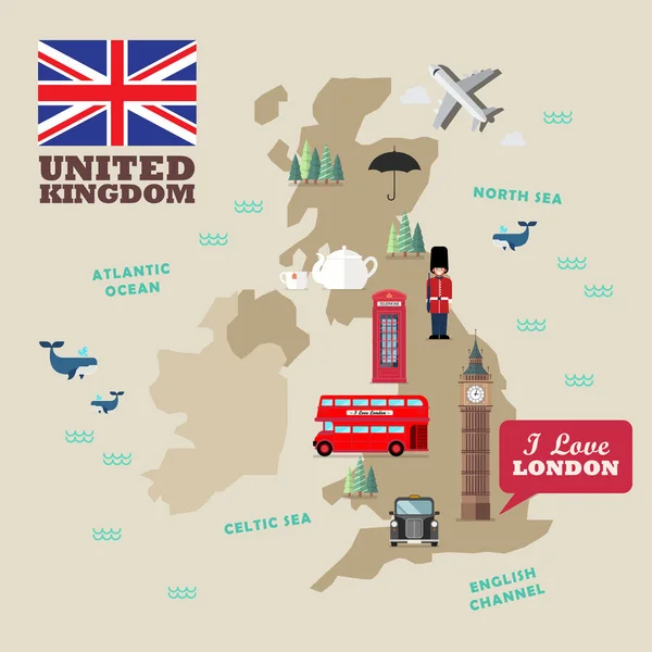 Reino Unido símbolos nacionales con mapa — Archivo Imágenes Vectoriales