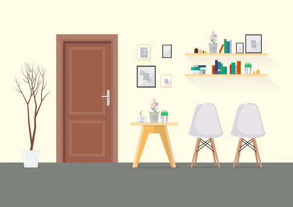 Sala de estar interior de diseño plano con puerta de madera — Vector de stock