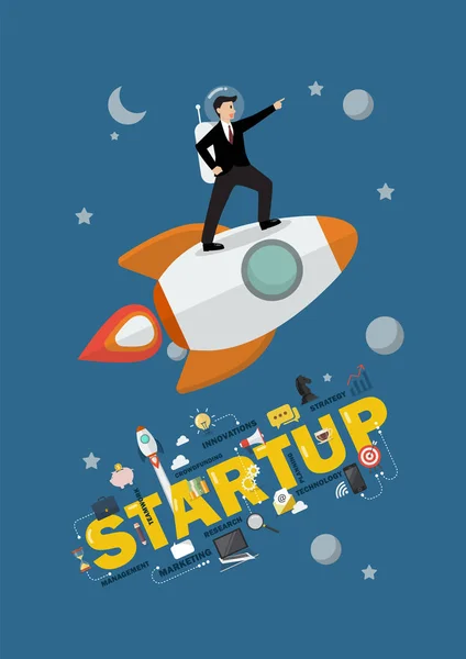 Astronauta uomo d'affari in piedi su un razzo Startup concetto — Vettoriale Stock