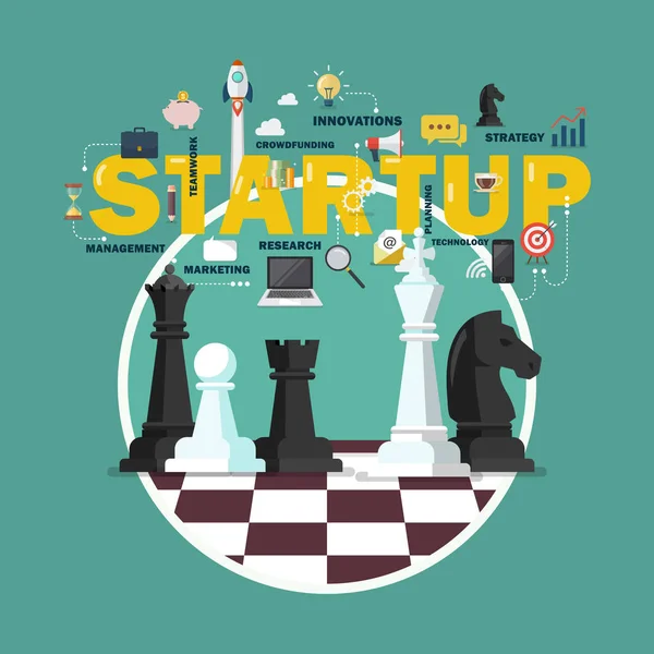 Concetto di strategia di start-up aziendale con figure scacchistiche su scacchi — Vettoriale Stock