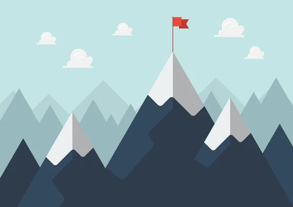 Bandera roja en un concepto de éxito pico de montaña — Vector de stock