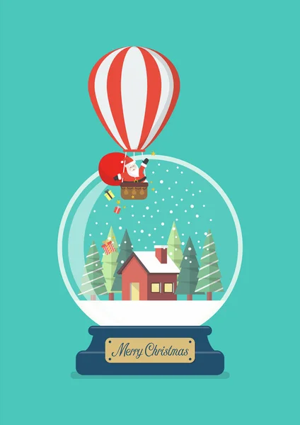 Veselý vánoční skleněný míč se Santa v balónu a zimní dům — Stockový vektor