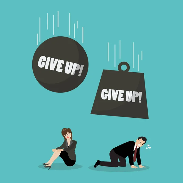 Heavy balls with word give up falling to desperate businessman a — Stock Vector