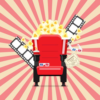 Patlamış mısır içecekleri ve bardakları olan sinemada sinema koltukları