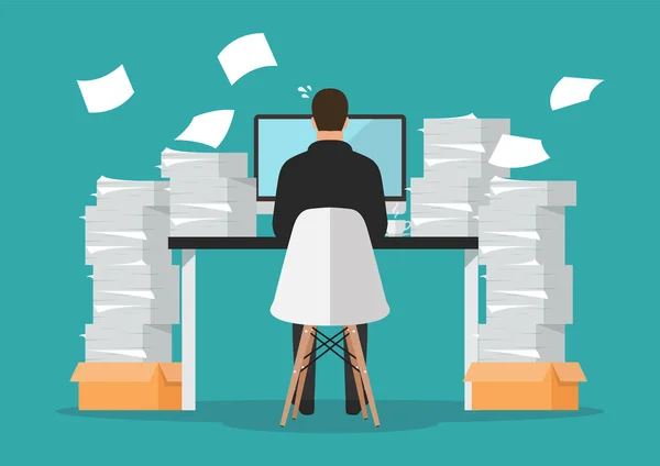 Homme d'affaires occupé travaillant sur ordinateur avec pile de papiers — Image vectorielle