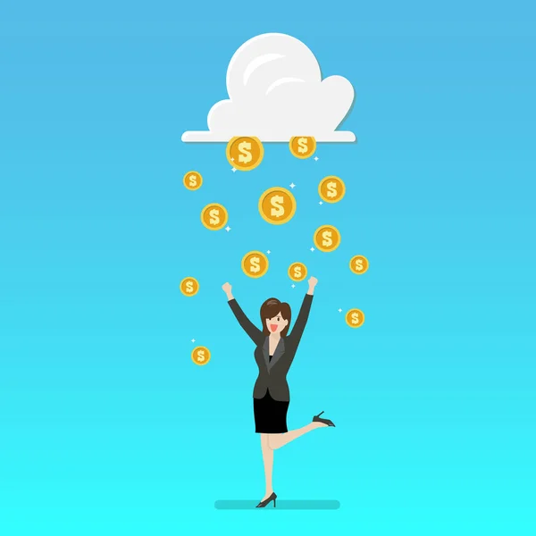 Éxito mujer de negocios con lluvia de nube y dinero — Vector de stock