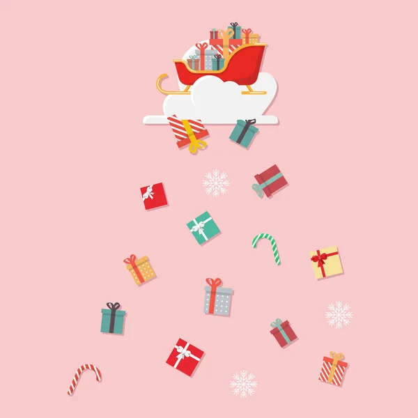 Santa sáně s dárkovými krabicemi padající z mraku — Stockový vektor
