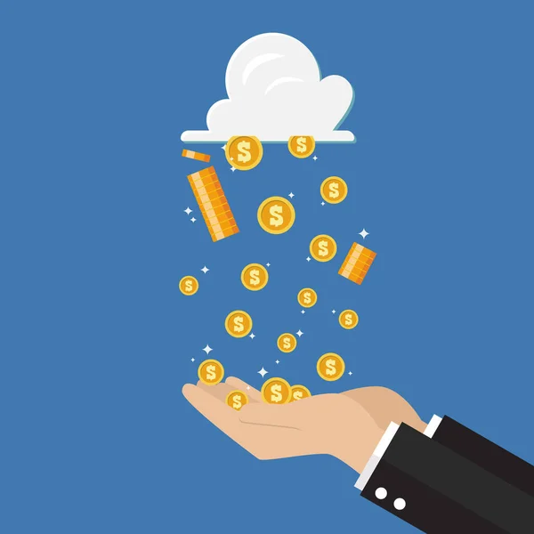 Empresário mão recieving dinheiro chuva de nuvem tecnologia —  Vetores de Stock