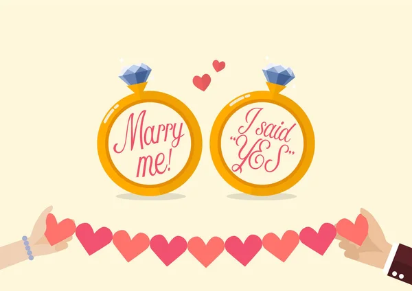 Marry Said Yes Hands Holding Line Paper Hearts Two Diamond — Stock Vector