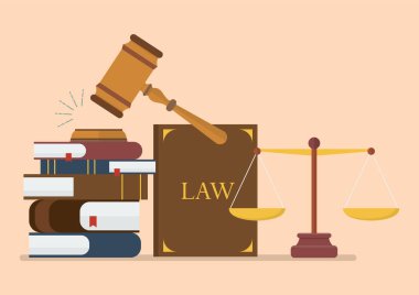 Hukuk ve adalet kavramı. Adalet terazisi, tokmak ve kitap. Vektör illüstrasyonu