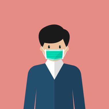 Tıbbi maske takan adam. Virüs Covid-19 'u önlemek için koruyucu bir tıbbi maske takanlar. Vektör illüstrasyonu.