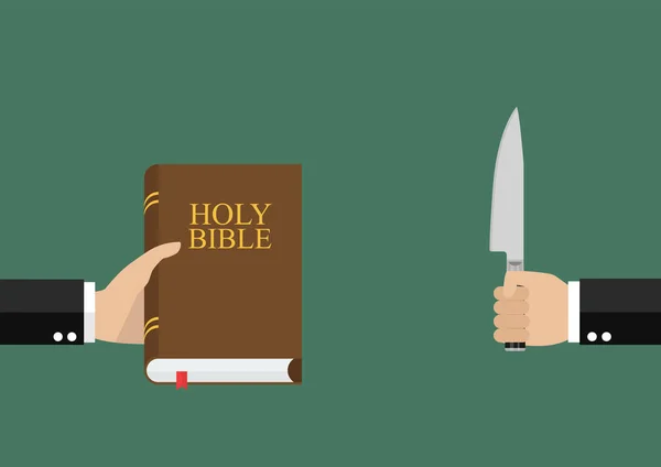 Hombre Sostiene Sagrada Biblia Otro Hombre Sostiene Cuchillo Ilustración Vectorial — Archivo Imágenes Vectoriales