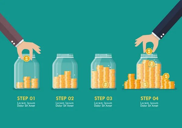 Passo Mão Moedas Poupança Frascos Vidro Infográfico Estilo Plano Ilustração —  Vetores de Stock