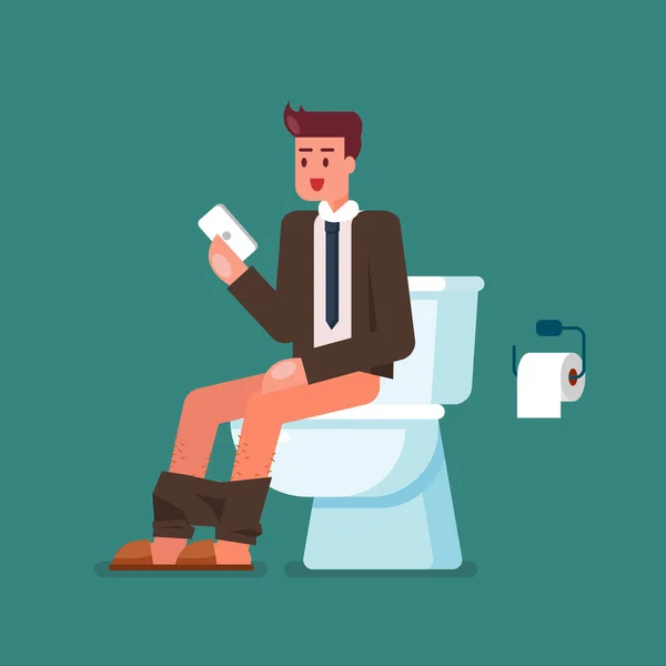 Businessman Using Smartphone Sitting Toilet Bowl Flat Style Vector Illustration — Stock Vector