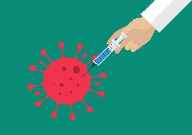 Virüs hücresine elle aşı enjekte ediliyor. Covid-19 Coronavirus konsepti. Vektör illüstrasyonu